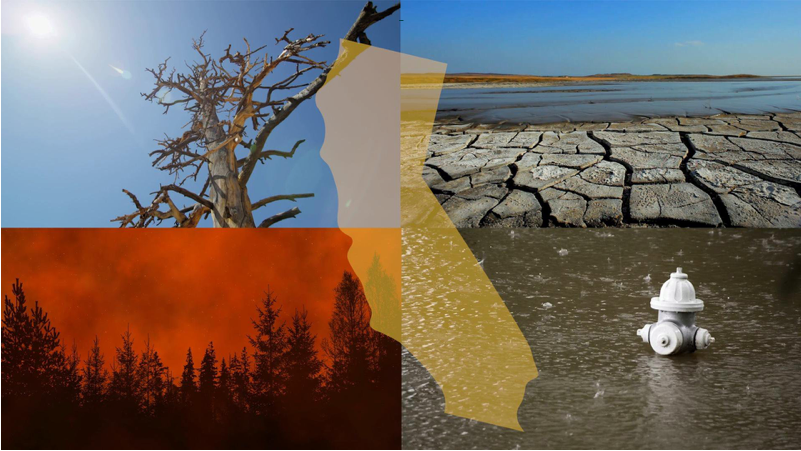 Collage of drought, wildfire and flooding images in California