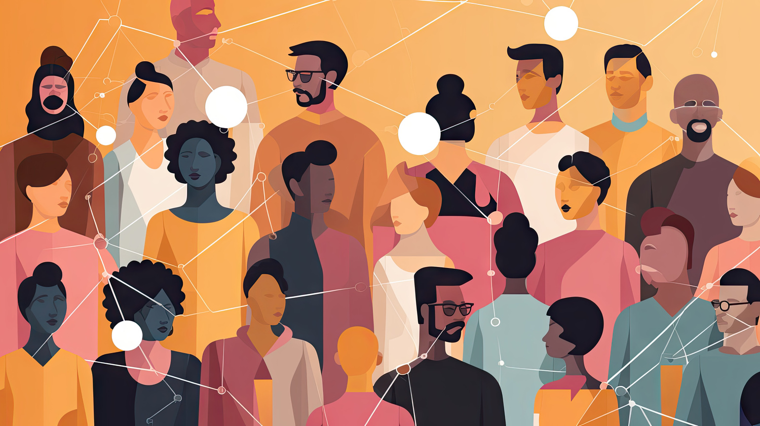 graphic of people standing facing different directions and connected by dots and lines