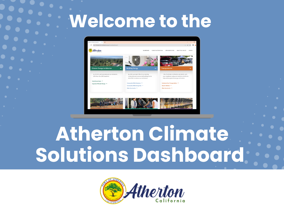 text reads welcome to the atherton climate dashboard with atherton logo and picture of computer with dashboard as background
