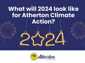 Blue background with firework graphic. White text reads "What will 2024 look like for Atherton Climate Action"? Atherton logo at bottom of image.