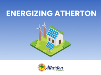 Cartoon picture of home with solar panels next to wind turbines. Text reads energizing atherton above home. Atherton seal is underneath home.
